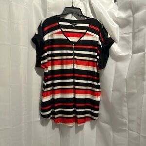 Women's Striped V-Neck Top - Black, Red, White